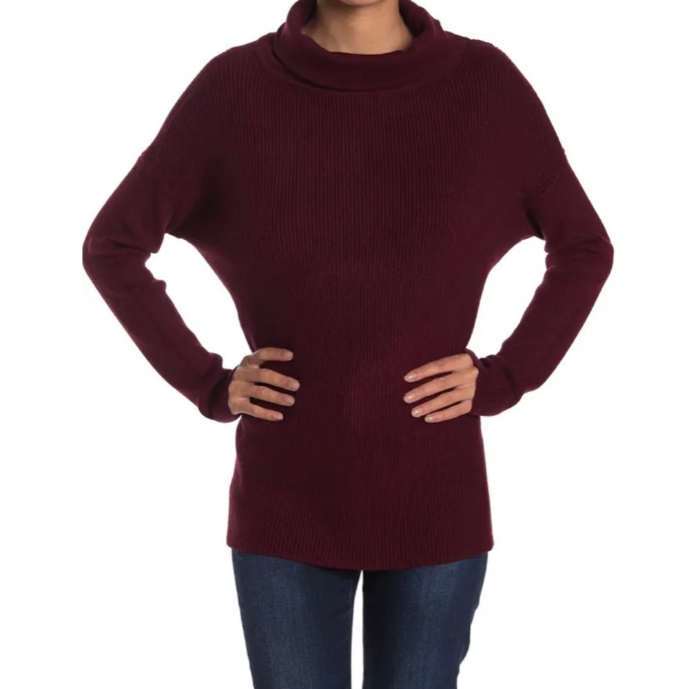 Devotion by Cyrus Cowl Neck Ribbed Tunic Sweater - Burgundy